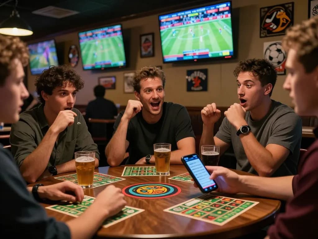 Excited bettors analyzing tỷ lệ kèo nhà cái hôm nay during a lively sports bar experience.