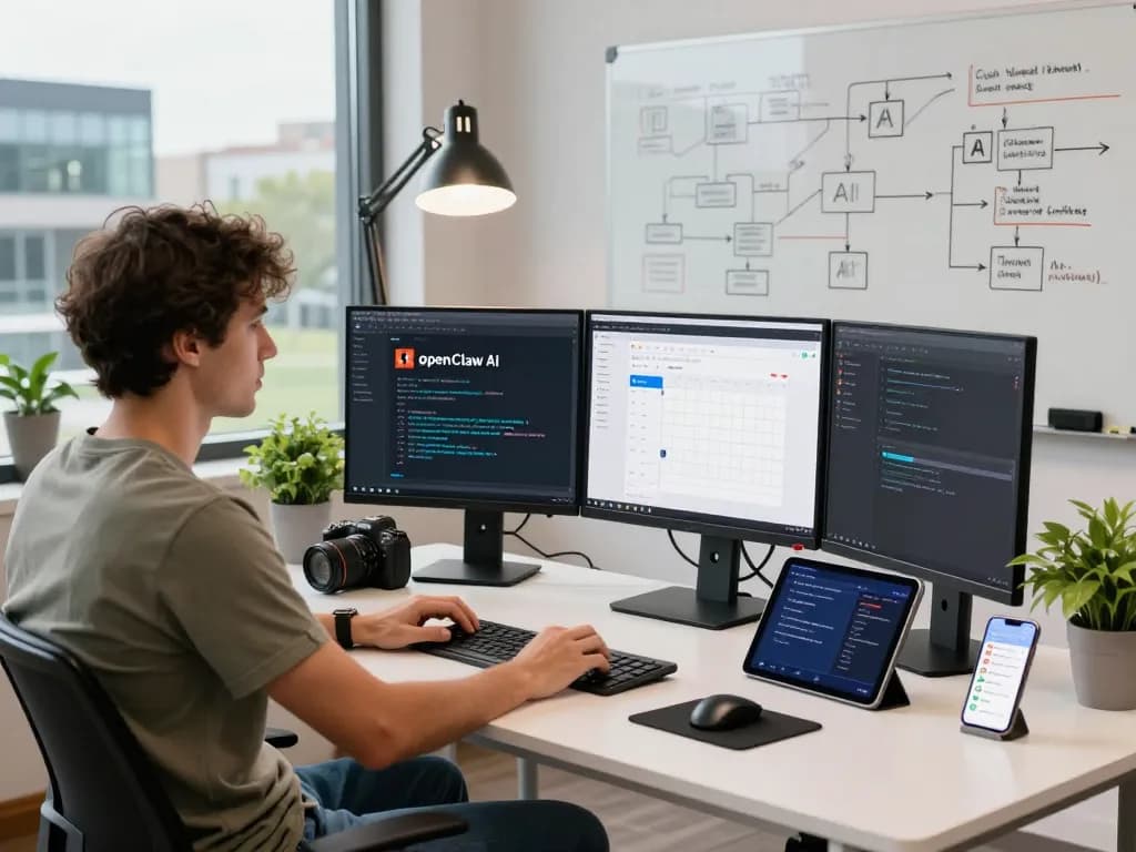 OpenClaw AI workspace with developer managing code, calendar, and messaging at multiple screens