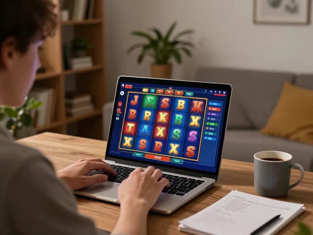 Engaging in slot bet kecil online with vibrant reels and cozy home setup.