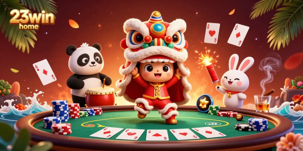 Engaging players at 23win home with a vibrant lion dance and poker action in a festive casino.