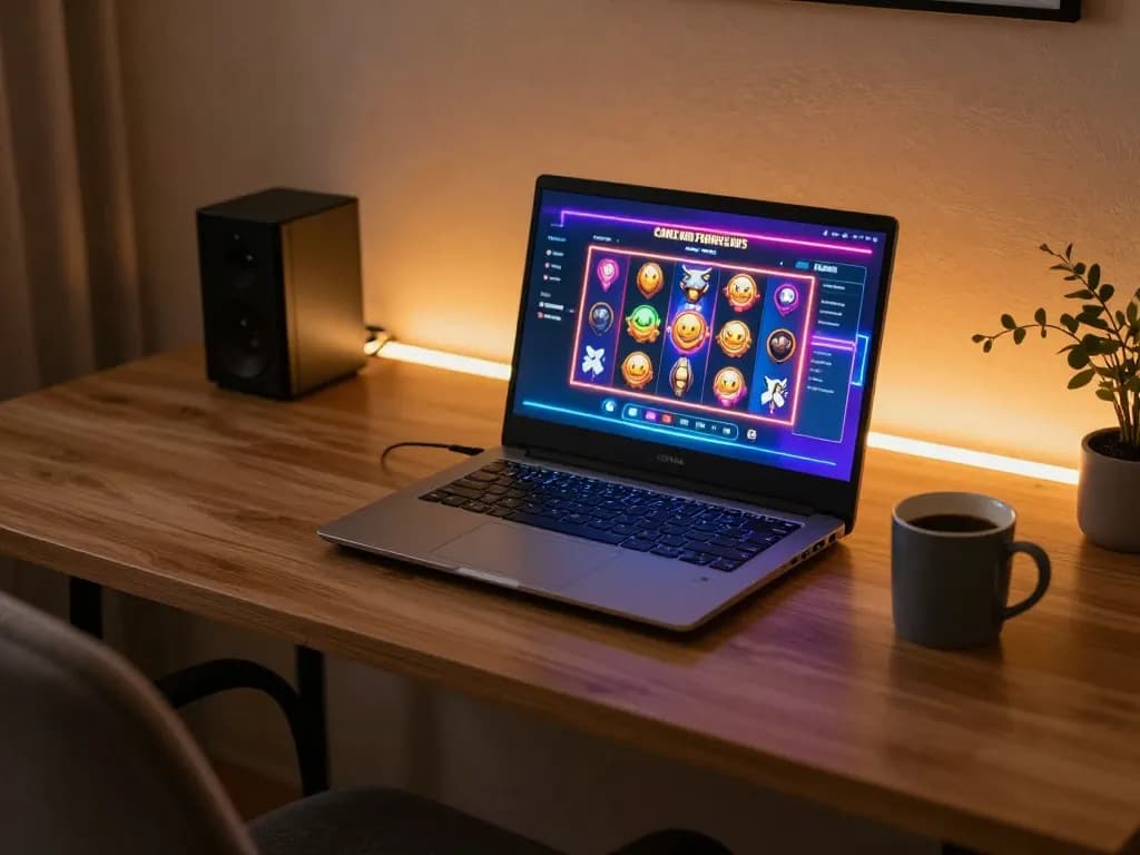 Engaged player immersed in slot online gaming on laptop in a stylish home environment.