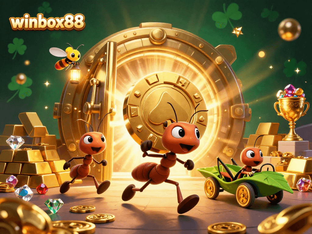 Experience the thrill of winbox88 with a colorful heist scene featuring playful ants, gold treasures, and gaming excitement.