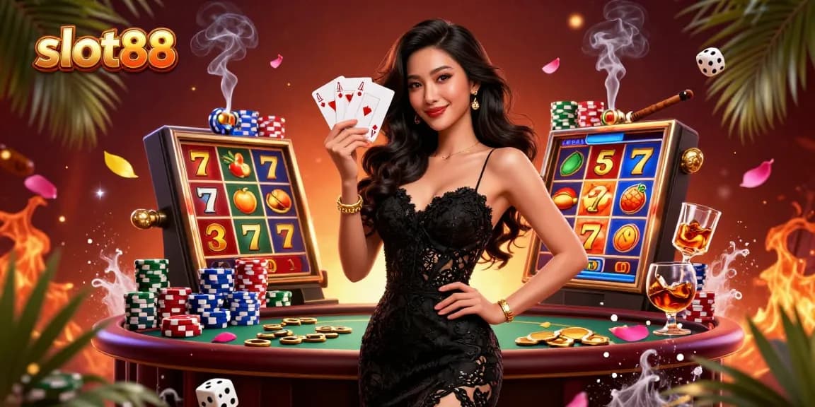Experience the excitement of slot88 with a glamorous dealer showcasing ace cards, enhanced by vibrant gaming elements.