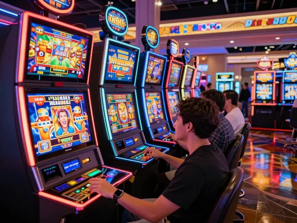 Koinvegas slot players enjoying vibrant gameplay at illuminated slot machines in a lively casino atmosphere.