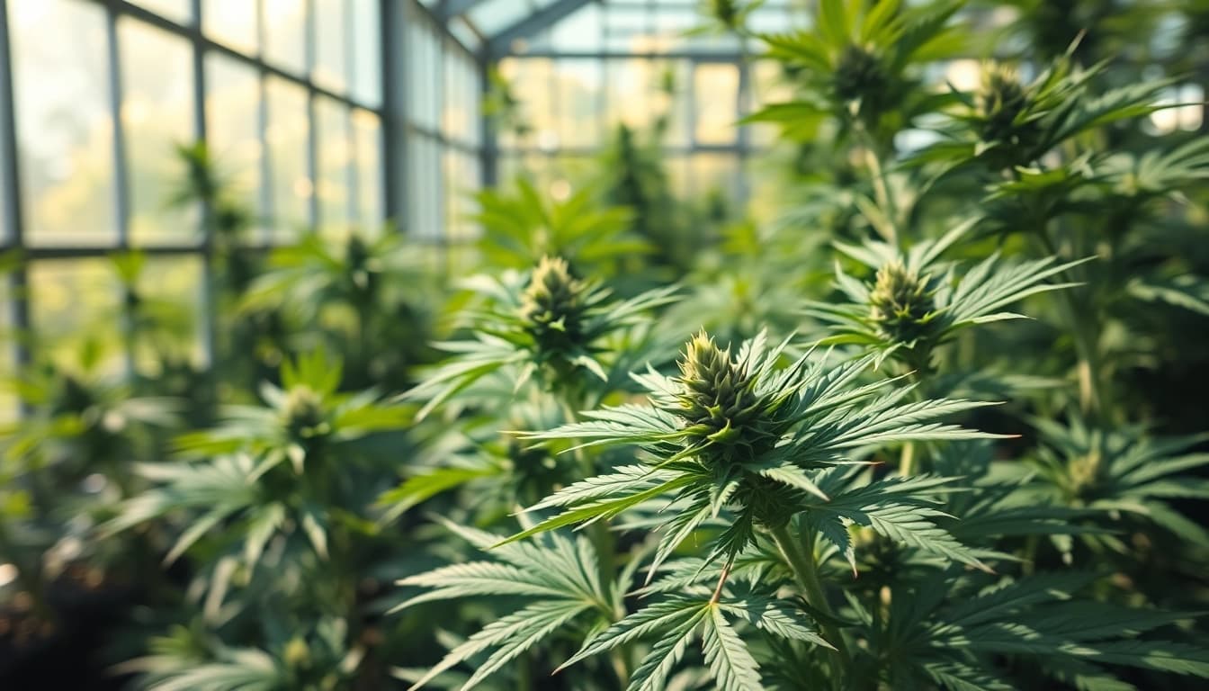 Find where can i buy weed plants in a bright greenhouse filled with lush vegetation.