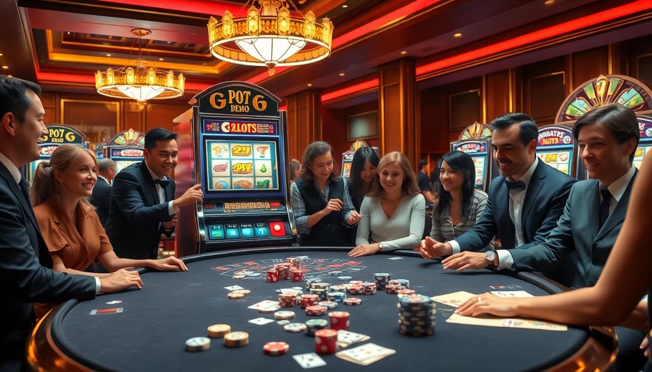 Players enjoying a vibrant PG slot demo experience at a luxurious casino.