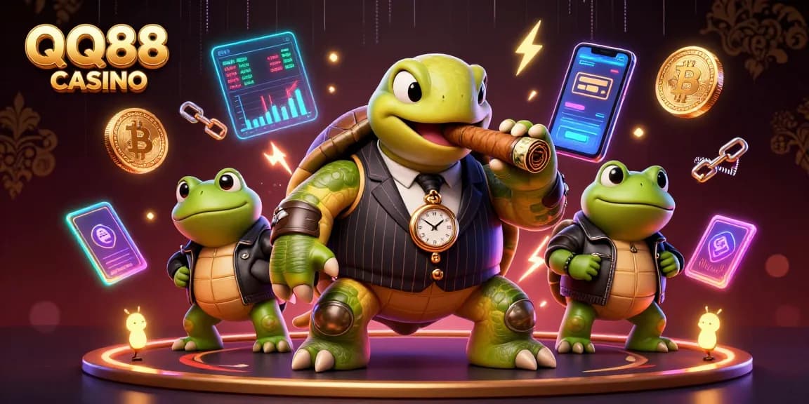 Experience the thrill at QQ88 CASINO with vibrant casino elements and characters in a bustling gaming scene.