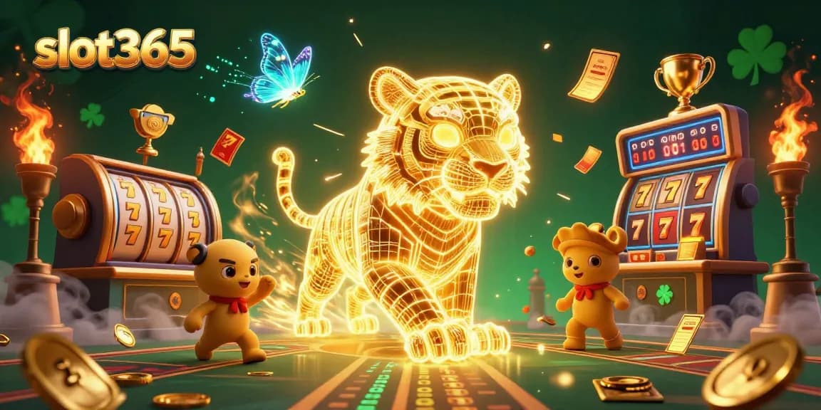 Experience the thrill of slot365 with an energetic golden tiger in a vibrant casino landscape.