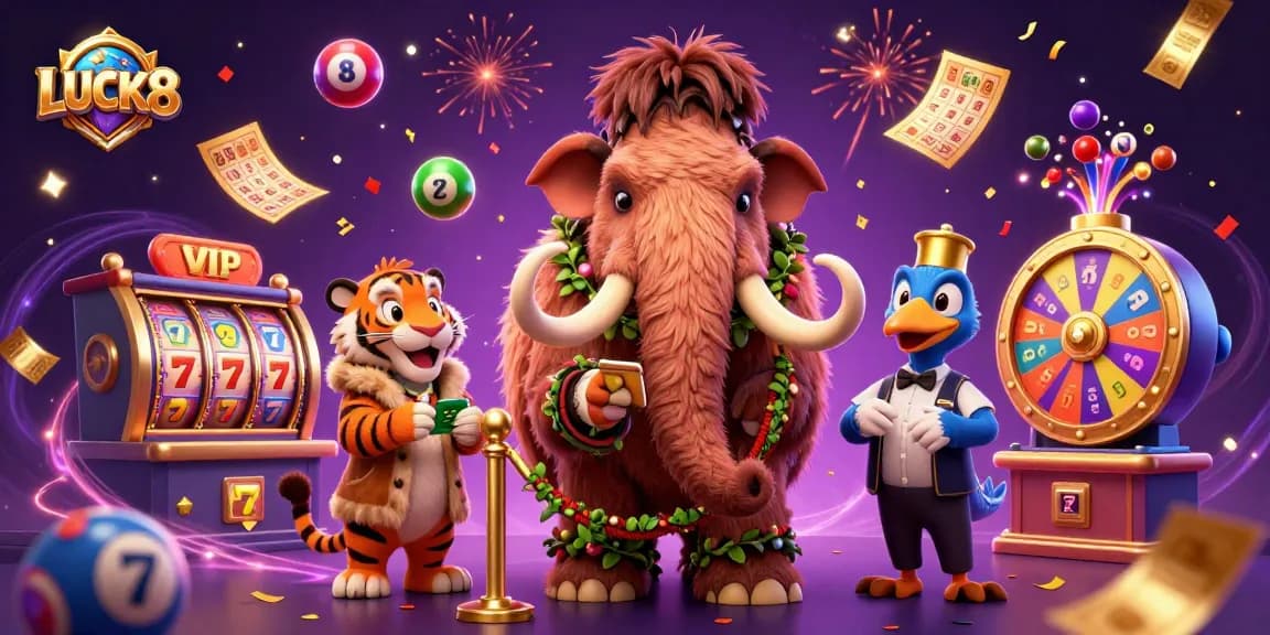 LUCK8 casino scene featuring a woolly mammoth bouncer, saber-tooth VIP, and dodo doorman amid dynamic lottery themes.