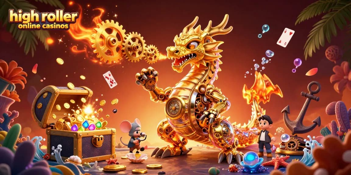 Experience high roller online casinos with a vibrant illustration of a dragon and treasure elements.