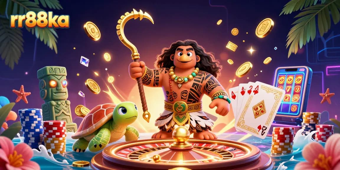 Win big with rr88ka showcasing vibrant 3D casino elements and characters in a dynamic scene.