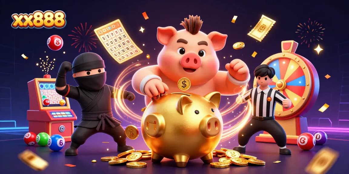 Winning big at xx888 with a 3D golden piggy bank sumo wrestler amidst vibrant casino elements.