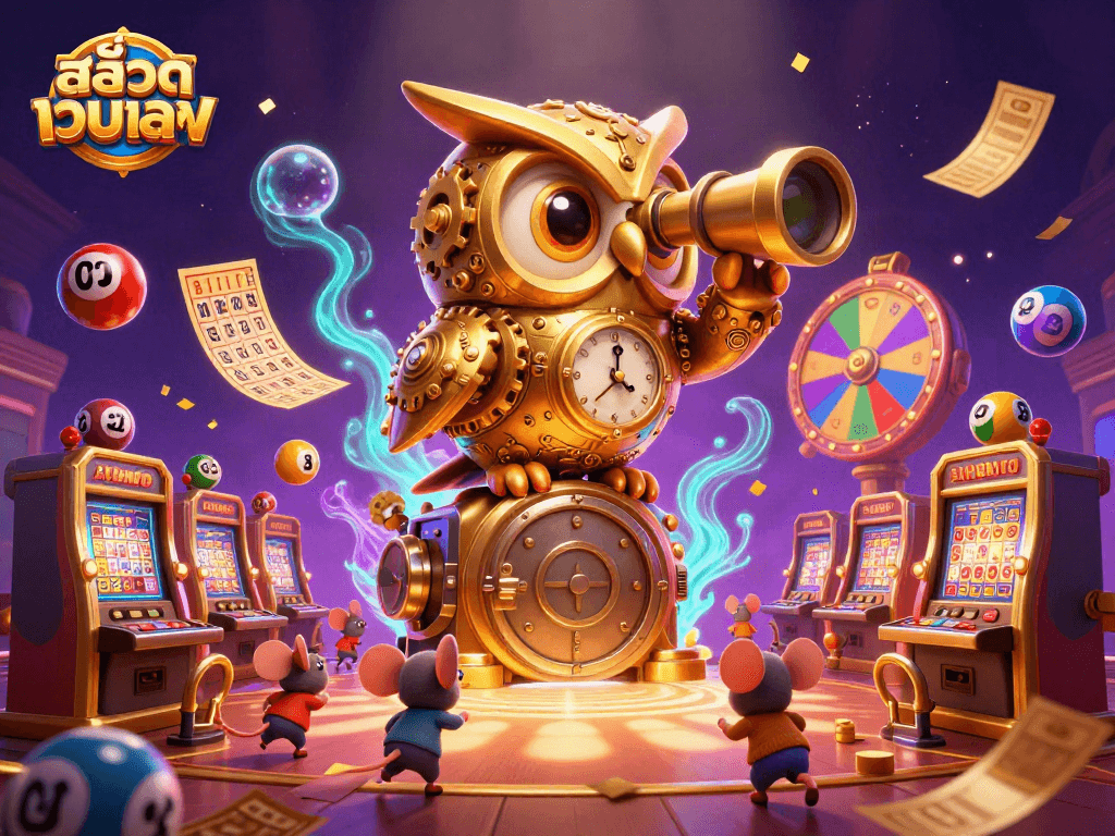 Experience thrilling games at สล็อตเว็บตรง with a captivating 3D casino scene featuring slot machines and dynamic prizes.