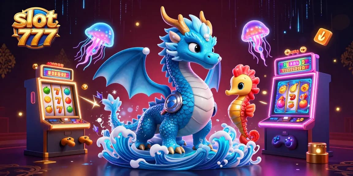 Spin to win with slot 777 in this vibrant 3D illustration featuring a dragon and seahorse knight.