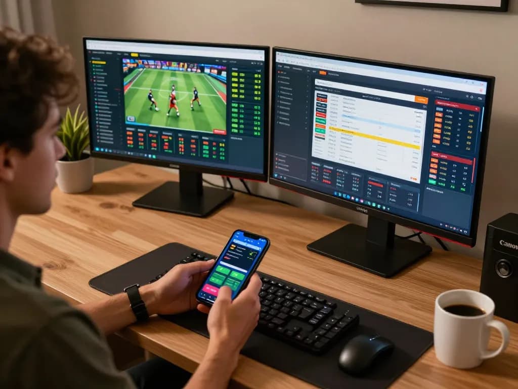 Person engaging in online betting, reviewing tỷ lệ kèo nhà cái and placing bets on multiple screens
