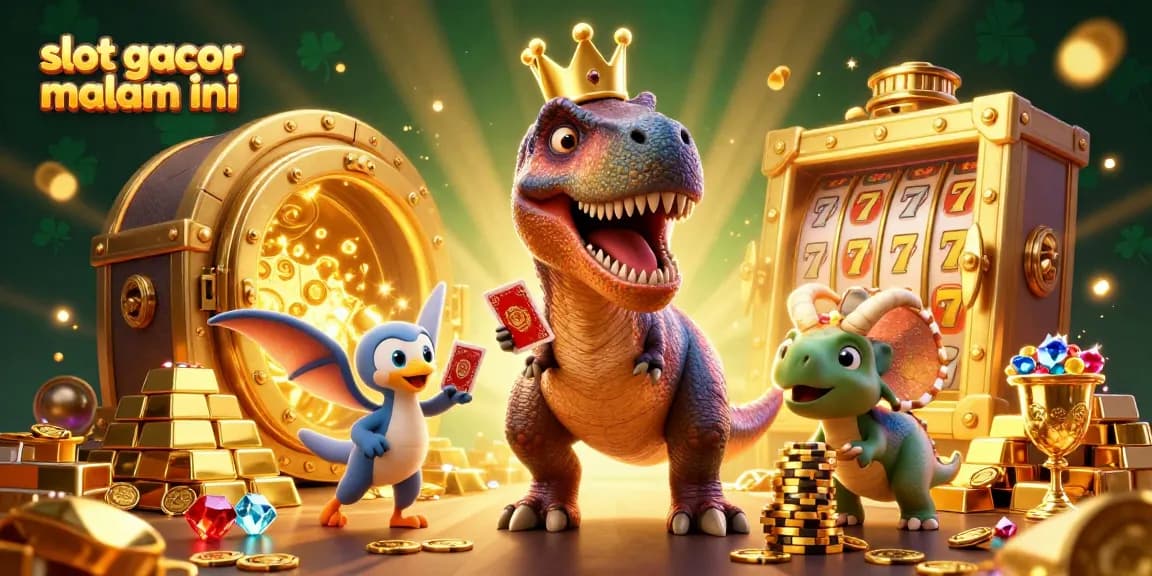 Experience slot gacor malam ini with a fun T-Rex card shuffling, surrounded by treasures and excitement.
