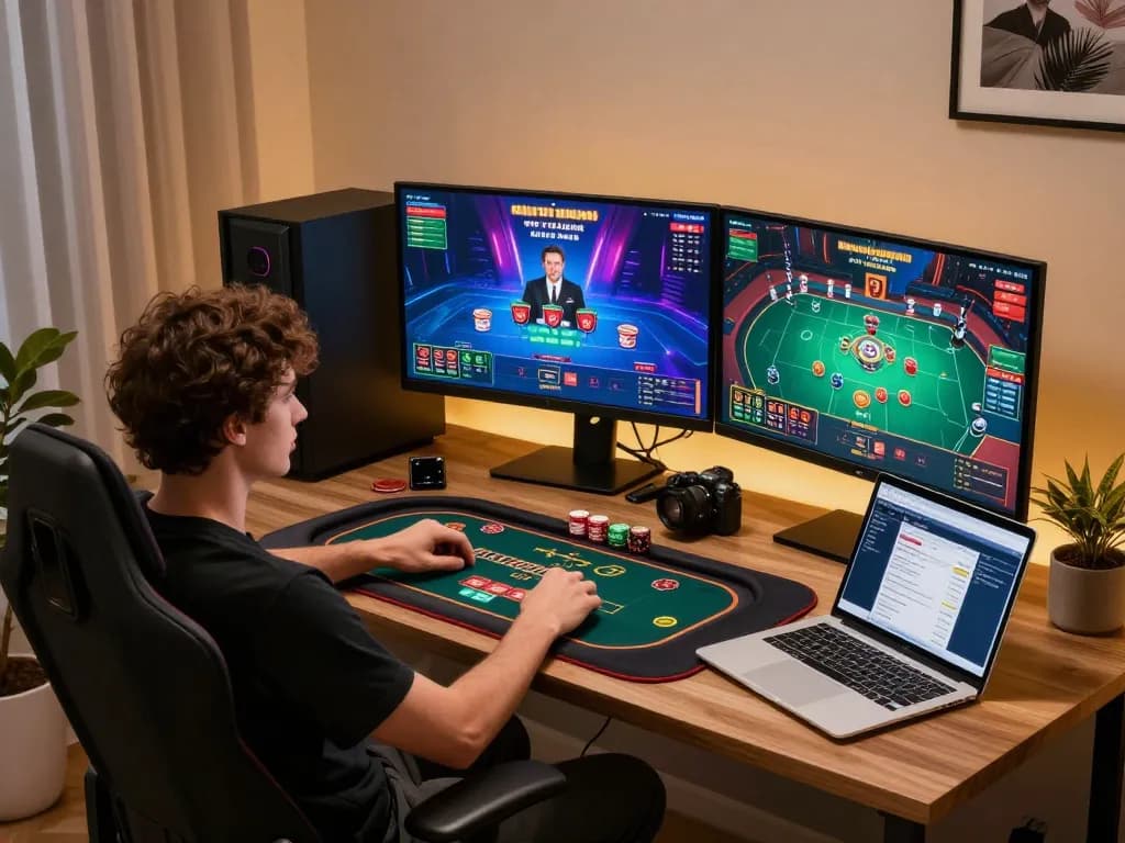 Engaging online gameplay at 99win from a modern gaming setup with multiple screens.