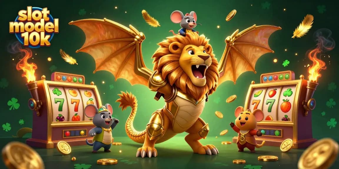 Engage in vibrant gameplay with slot modal 10k, featuring a roaring chimera and dynamic slot machine elements.