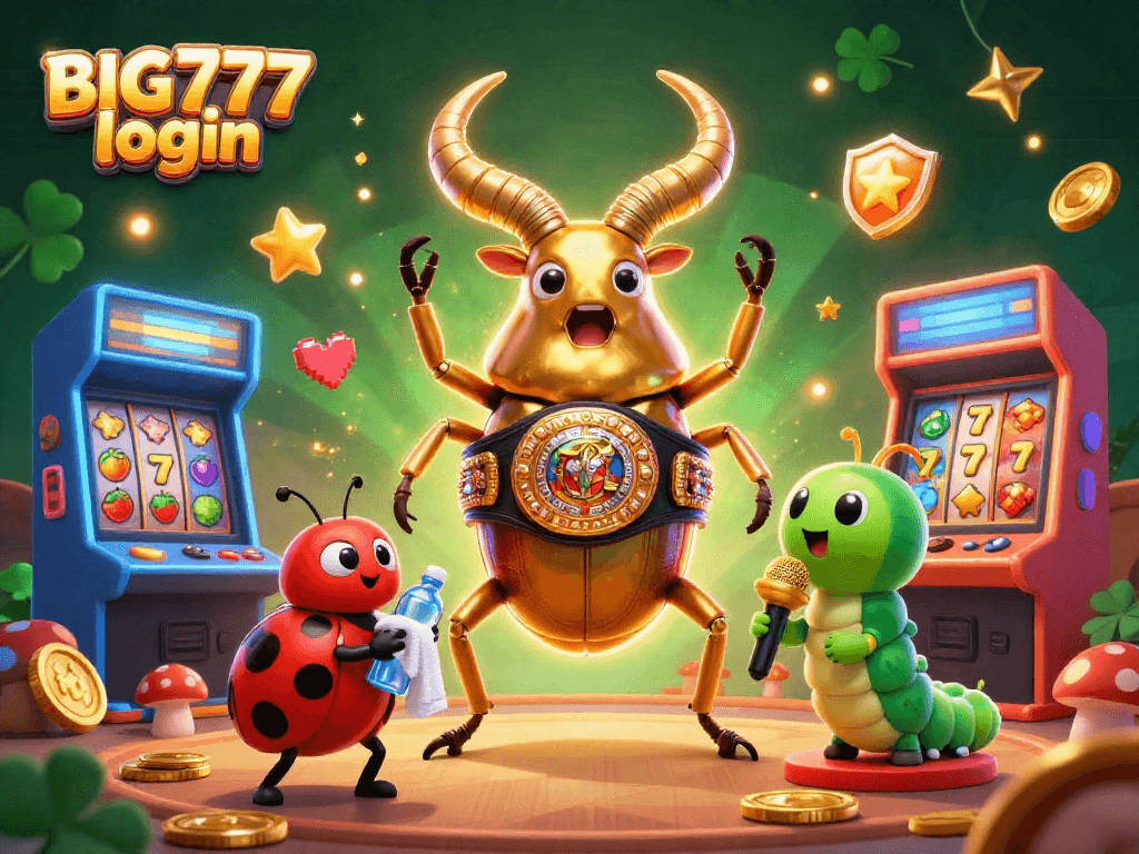 Play and win big with BIG777 login in this vibrant casino-themed adventure featuring cartoon beetle champions.