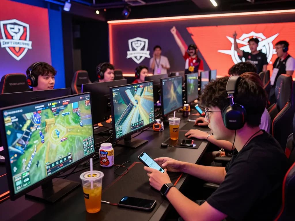 Exciting esports betting Singapore scene with gamers analyzing live odds during a tournament.