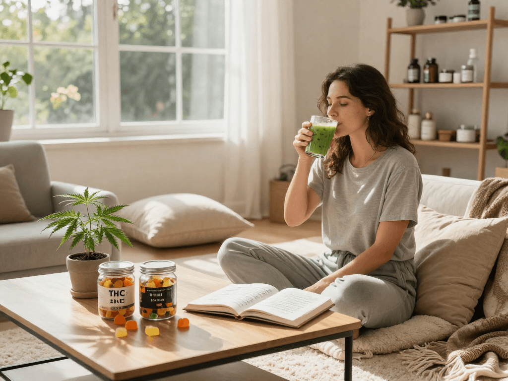 THC gummies UK arranged alongside organic wellness products in a serene living room, highlighting natural health benefits and relaxation.