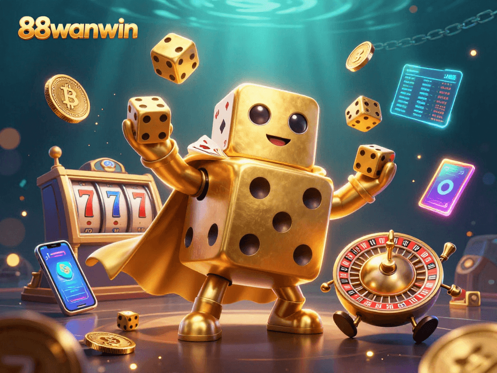 88wanwin's dynamic scene features a golden dice golem juggling dice amid vibrant crypto elements and slot themes.