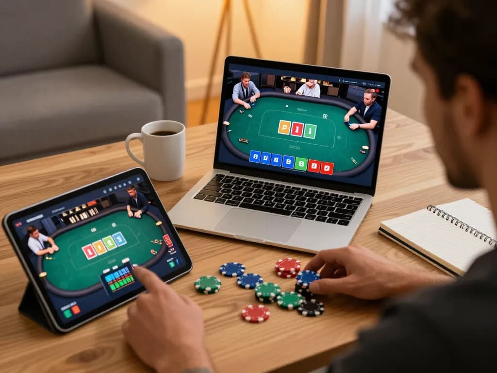 Engaging online poker session showing 77WIN gameplay on laptop with chips and strategy notes.
