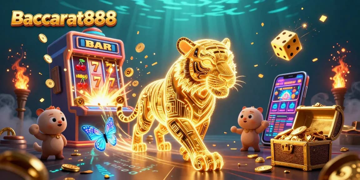 Experience Baccarat888 with a golden tiger in a vibrant casino scene full of games and rewards.