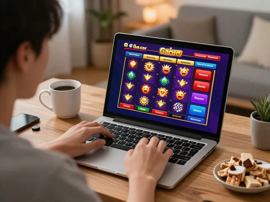 Engaging in slot gacor gameplay on a laptop, showcasing a cozy home office atmosphere.