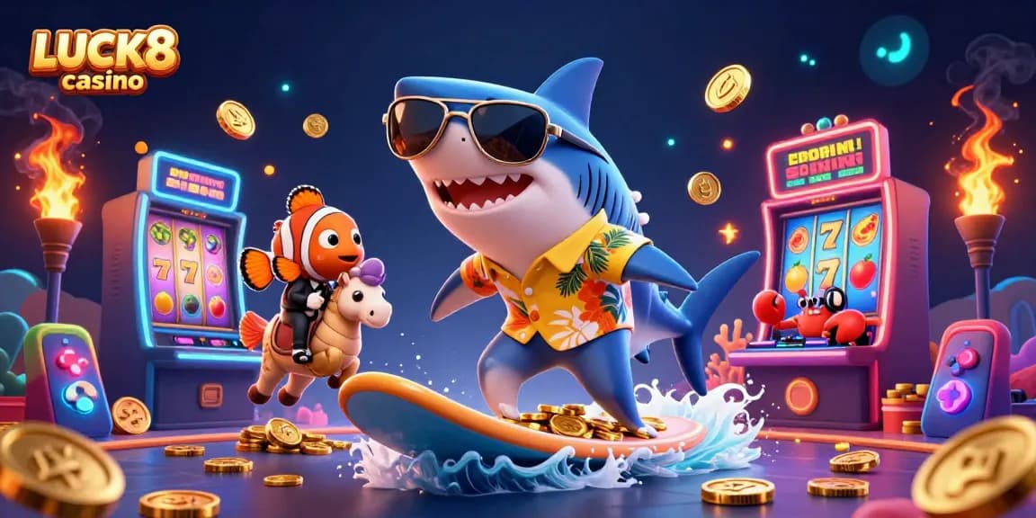 Experience the thrill of LUCK8 casino with vibrant games, golden coins, and playful characters.