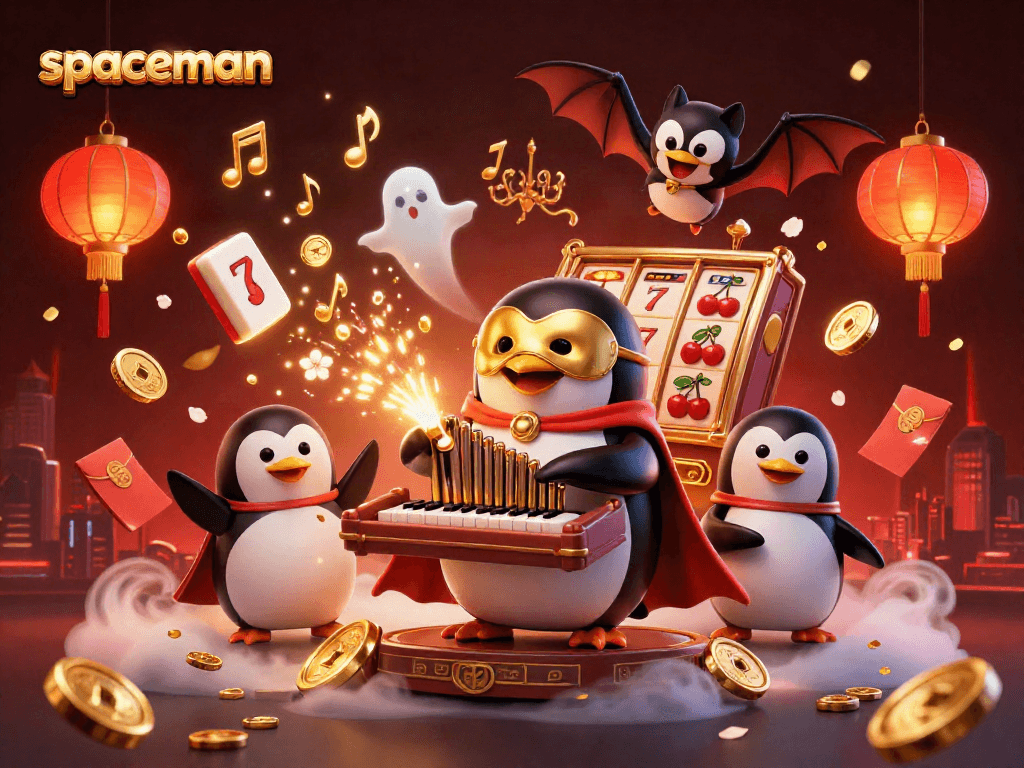 Spaceman themed illustration of a penguin playing an organ, surrounded by slot elements.