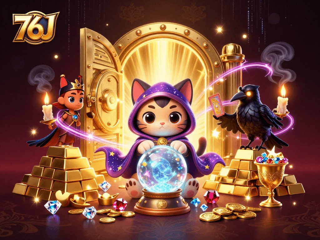 76J captura a magia dos jogos de cassino com misticismo e riqueza em uma ilustração vibrante.