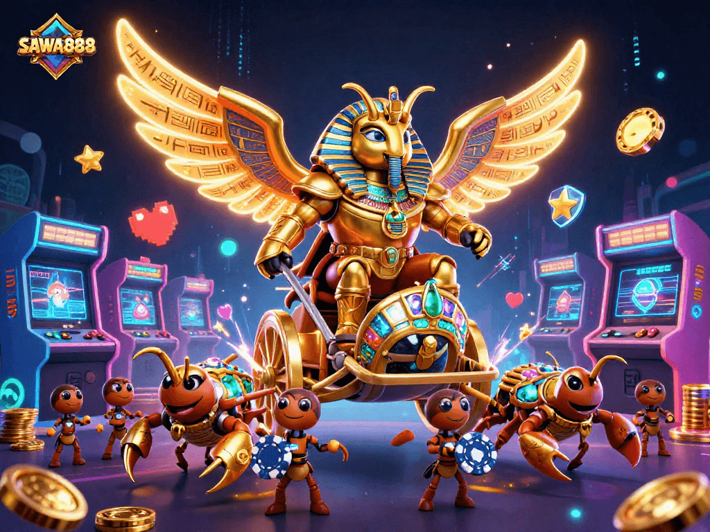 Engage with SAWA888 in this vibrant scene featuring a golden scarab beetle and neon casino elements.