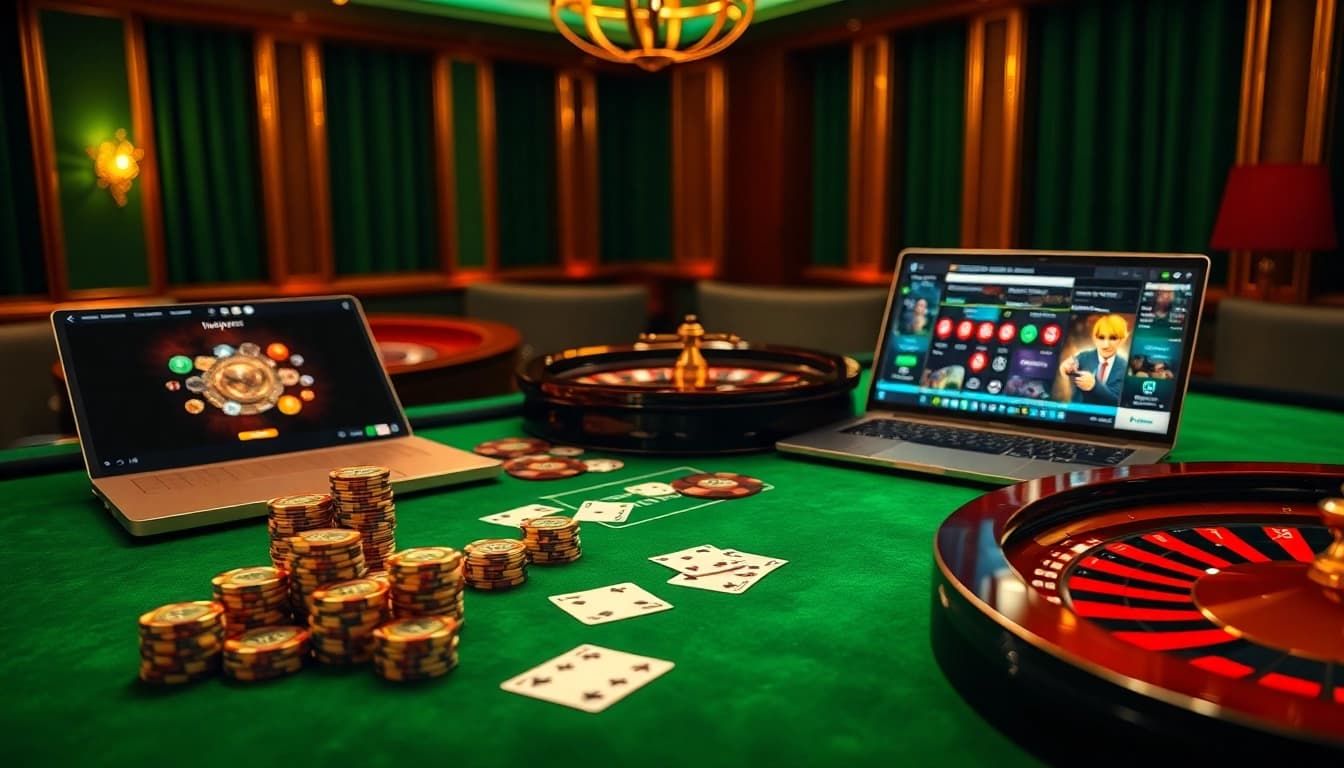 Experience the thrill of mg188s.com with a vibrant casino scene featuring a prestigious poker table and roulette wheel.