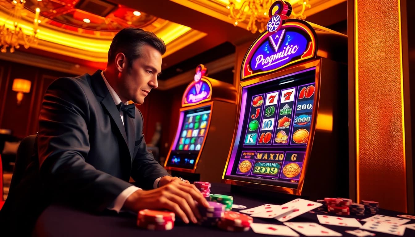 Experience the thrill of demo slot pragmatic at a luxurious casino, with vibrant machines and excited players.
