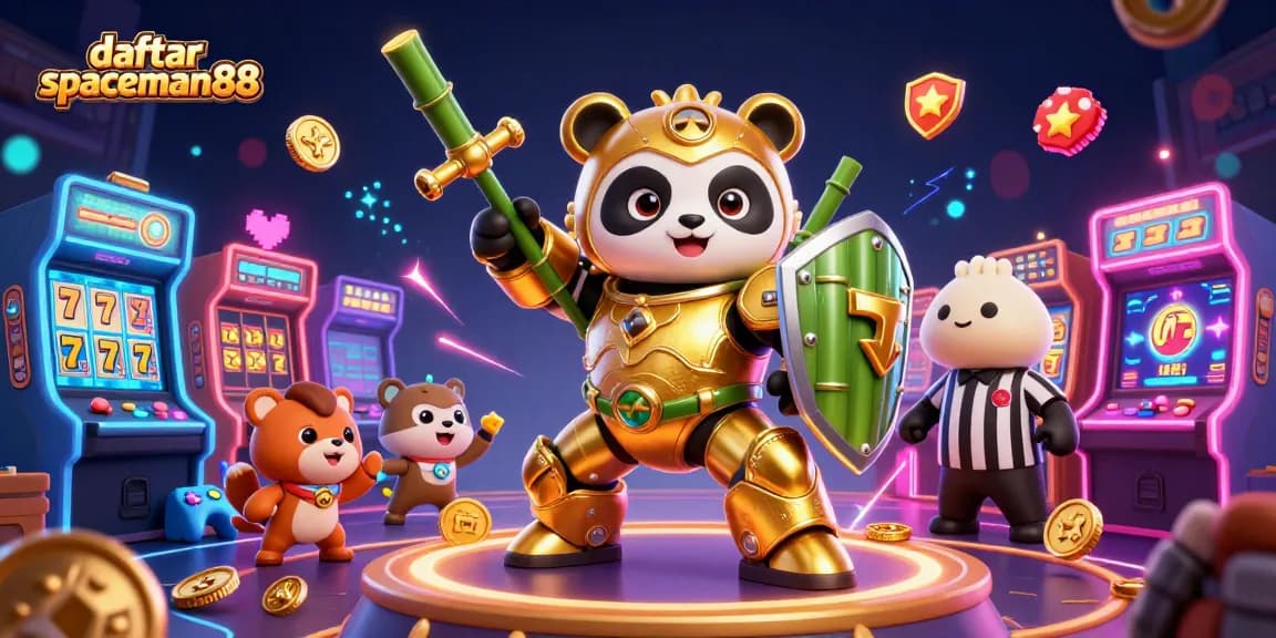 Join the action at daftar spaceman88 with a golden panda in a vibrant gaming arena.
