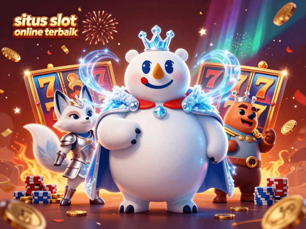Visualisasi situs slot online terbaik dengan karakter beruang kutub dan rubah bersenjata, dikelilingi simbol permainan judi.