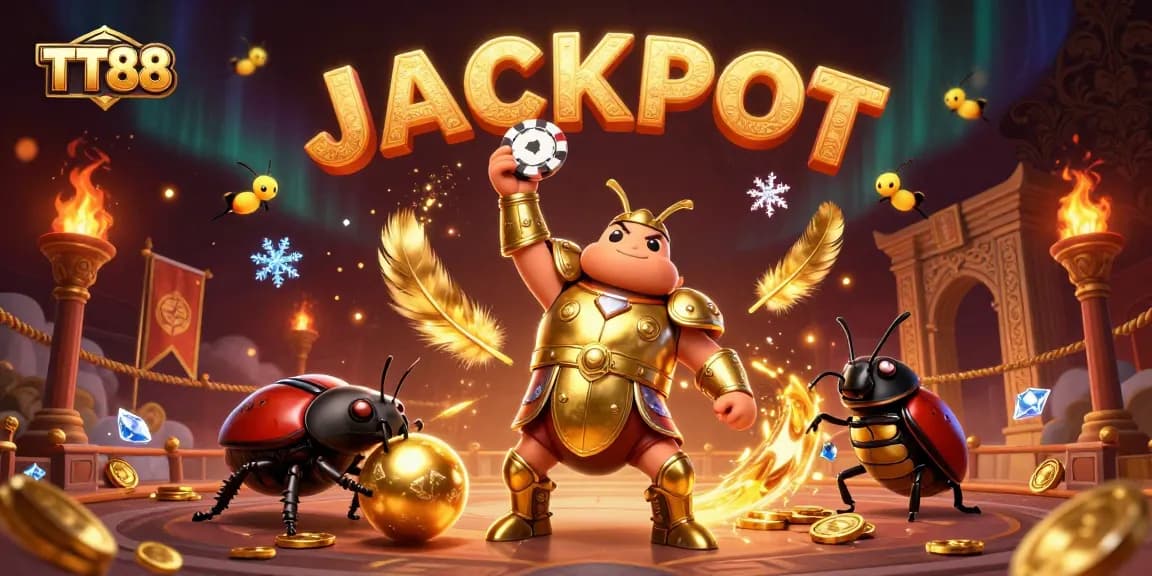 Join the victory at TT88 with a hercules beetle, poker chip, and jackpot celebration!
