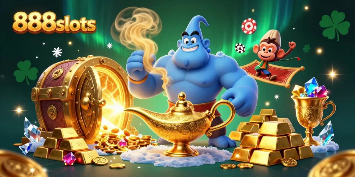 Experience the excitement of 888slots with vibrant illustrations of a genie, treasures, and casino elements.