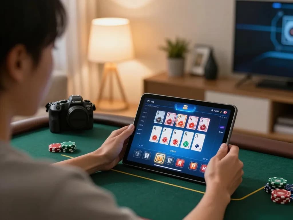 Person playing online poker at home with trang chủ rr88 displayed on tablet, creating a cozy gaming atmosphere.