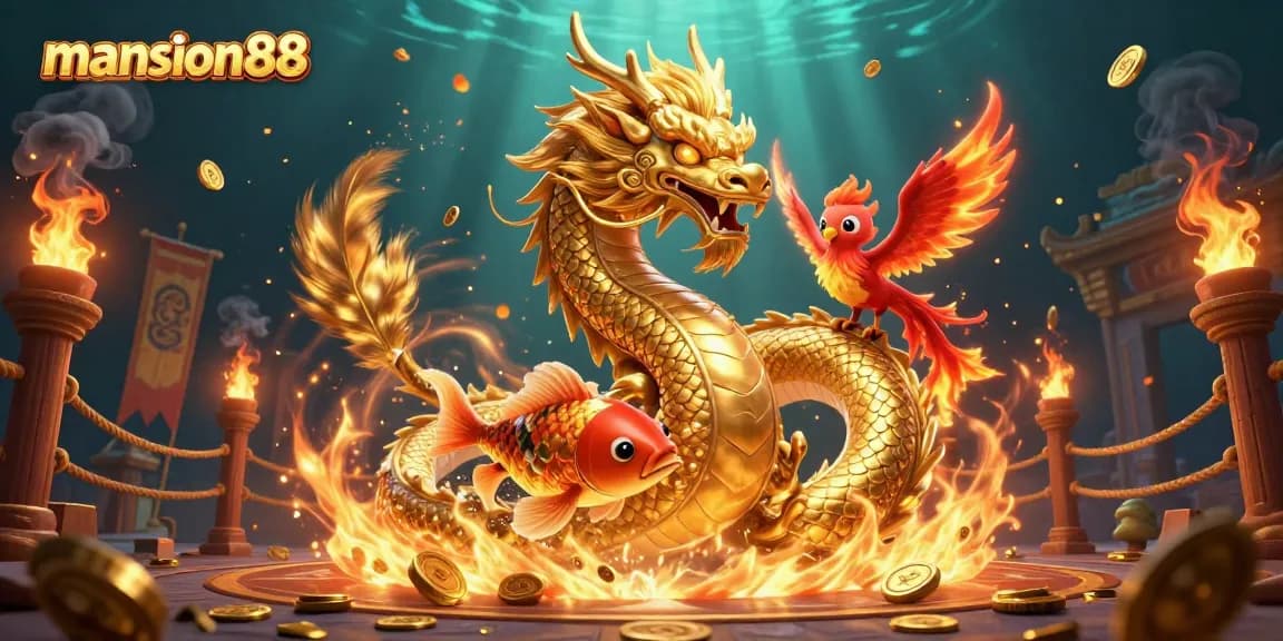 Experience the thrill of mansion88 with a fierce dragon, phoenix, and koi fish in 3D casino action.