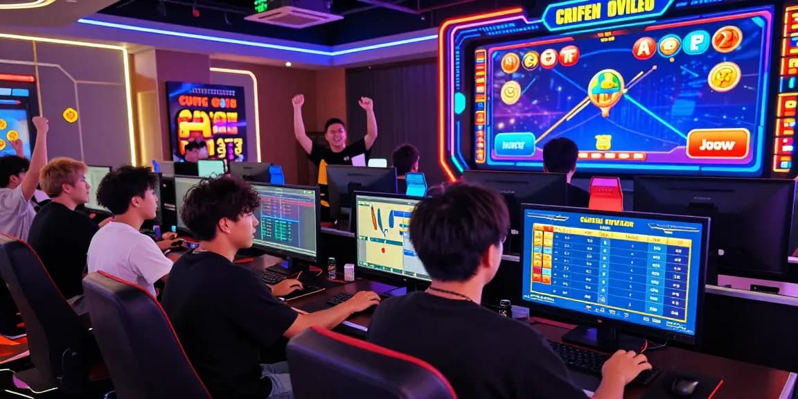 Aviator crash game scene with players celebrating wins in a vibrant online casino, showcasing dynamic charts and colorful graphics, highlighting excitement and instant cashouts.