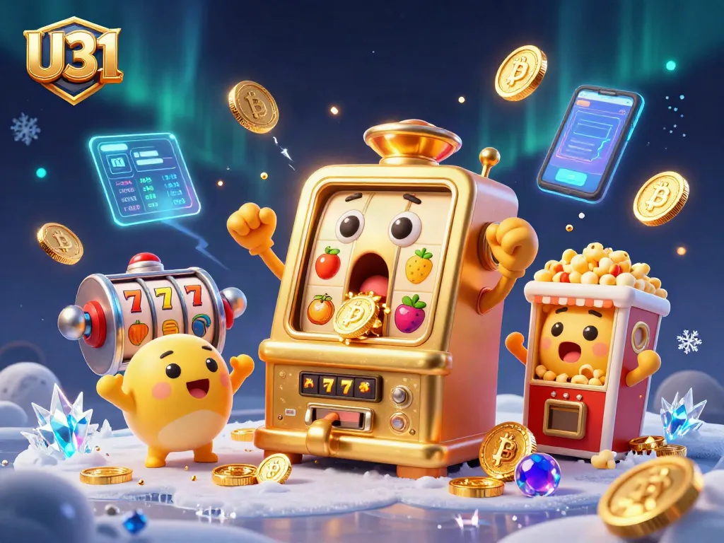 U31 slot machine celebrates jackpot win with coins pouring out amidst casino-themed elements