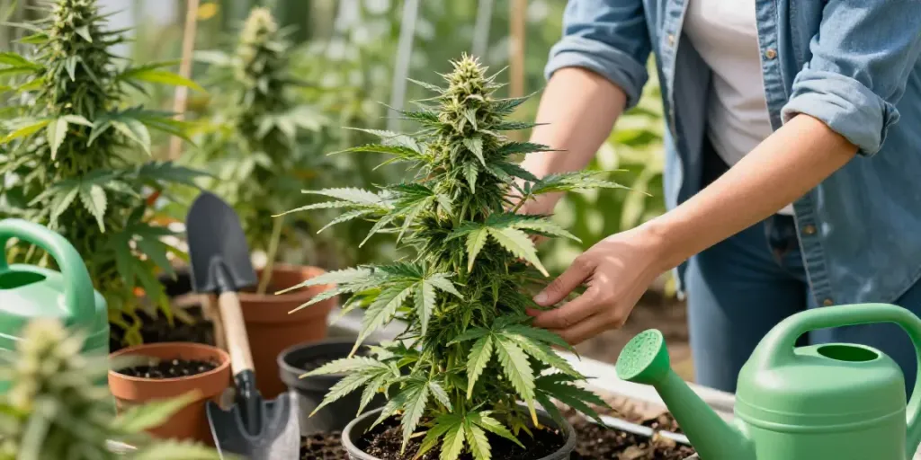 Autoflower Samen kaufen in a sunny outdoor garden with healthy cannabis plants.