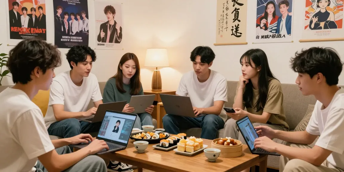 Diverse group discussing Asian pop culture at https://hanadultalk.com, enjoying snacks and vibrant decor.