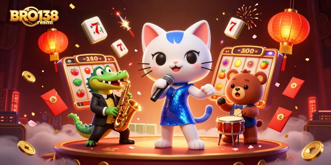 Experience thrilling gaming at BRO138 resmi with vibrant 3D visuals of slot machines and animated characters.