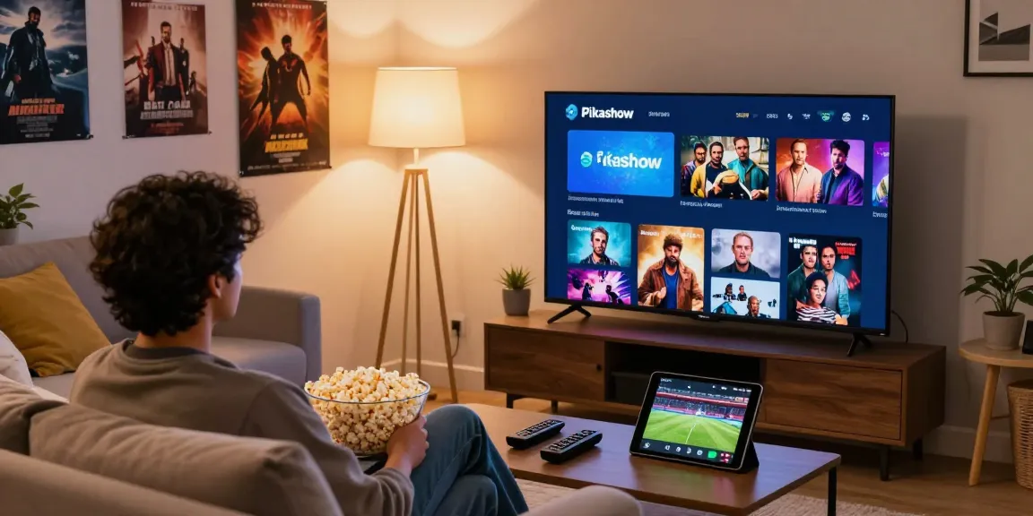 A person using the Pikashow app in a cozy living room for watching movies.