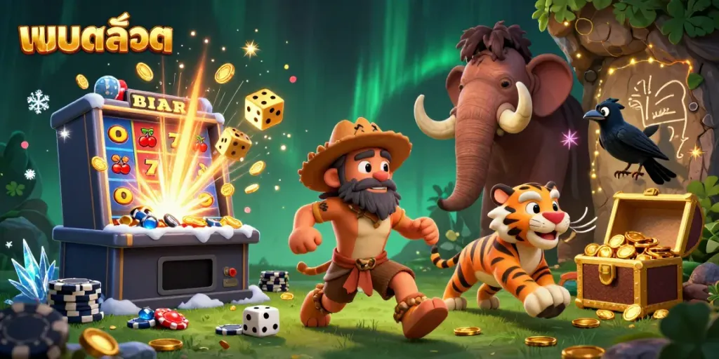 Experience แบบสล็อต excitement with a dynamic prehistoric casino scene featuring cartoon characters and vibrant slot elements.