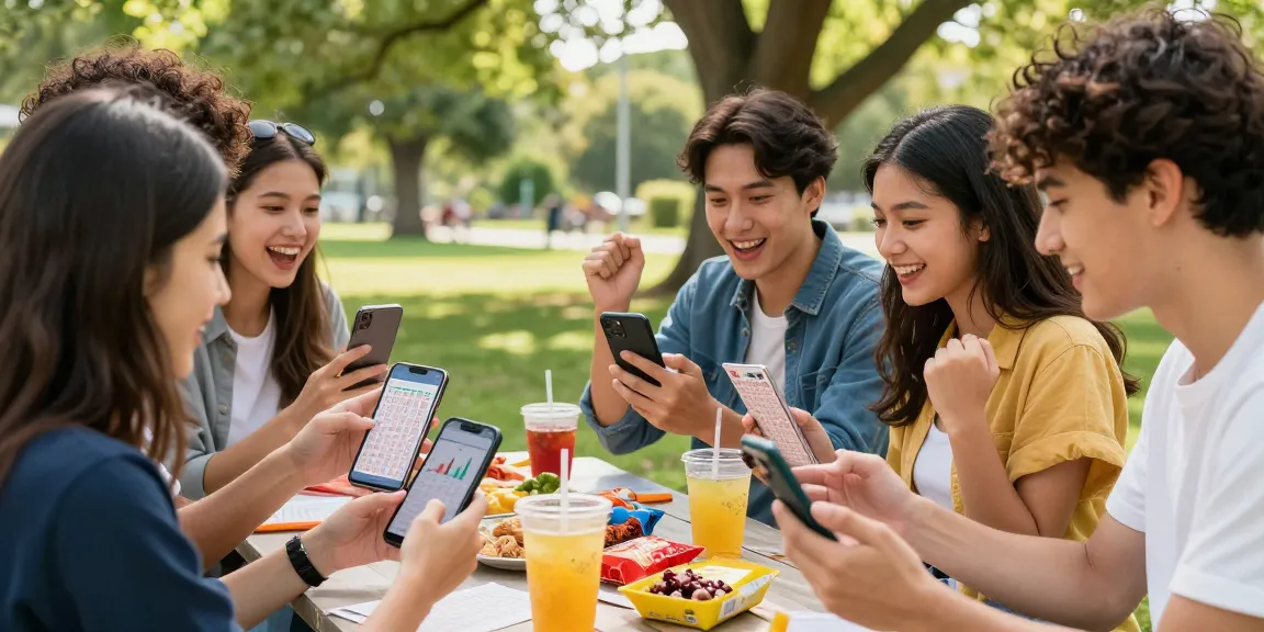 Analisis syair menang dengan teman-teman di taman, suasana ceria.