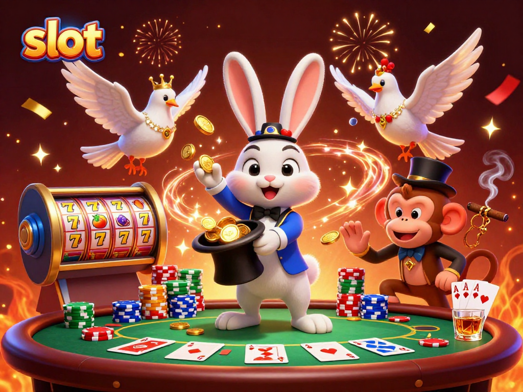Engaging slot-themed scene with a rabbit magician conjuring coins, vibrant casino elements.